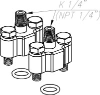 Два монтажных фланца со штуцером с резьбой K1/4" (1/4"NРT), крепеж, прокладки (резина (Р) или фторопласт (Ф))