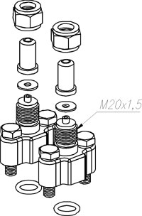 Два монтажных фланца со штуцером М20х1,5, две гайки М20х1,5, два ниппеля, две нижние прокладки (резина (Р) или фторопласт (Ф)) и две верхние прокладки (Ф-4-УВ15 или М1)