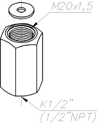 Переходник с М20х1,5 на внутреннюю резьбу K1/2" (1/2"NPT), прокладка (Ф-4УВ15 или М1)